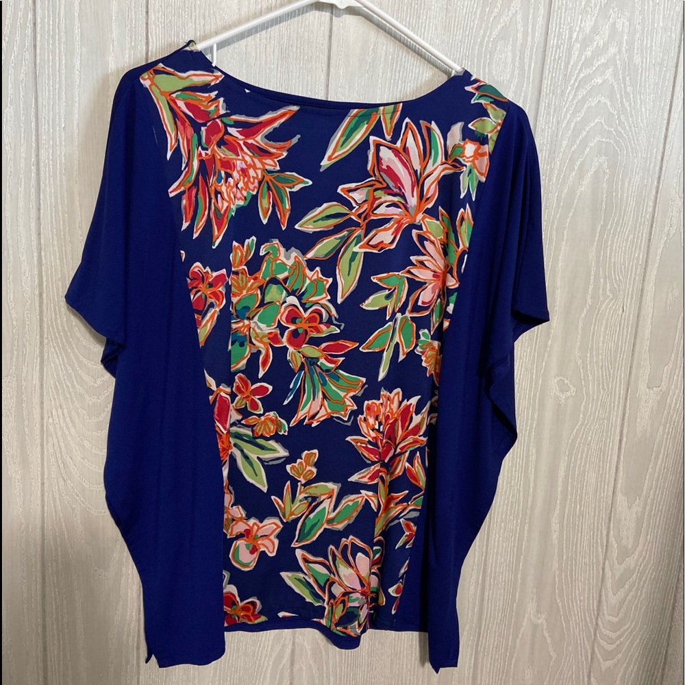 Bob Mackie Floral Print Blouse - Navy and Multicolor